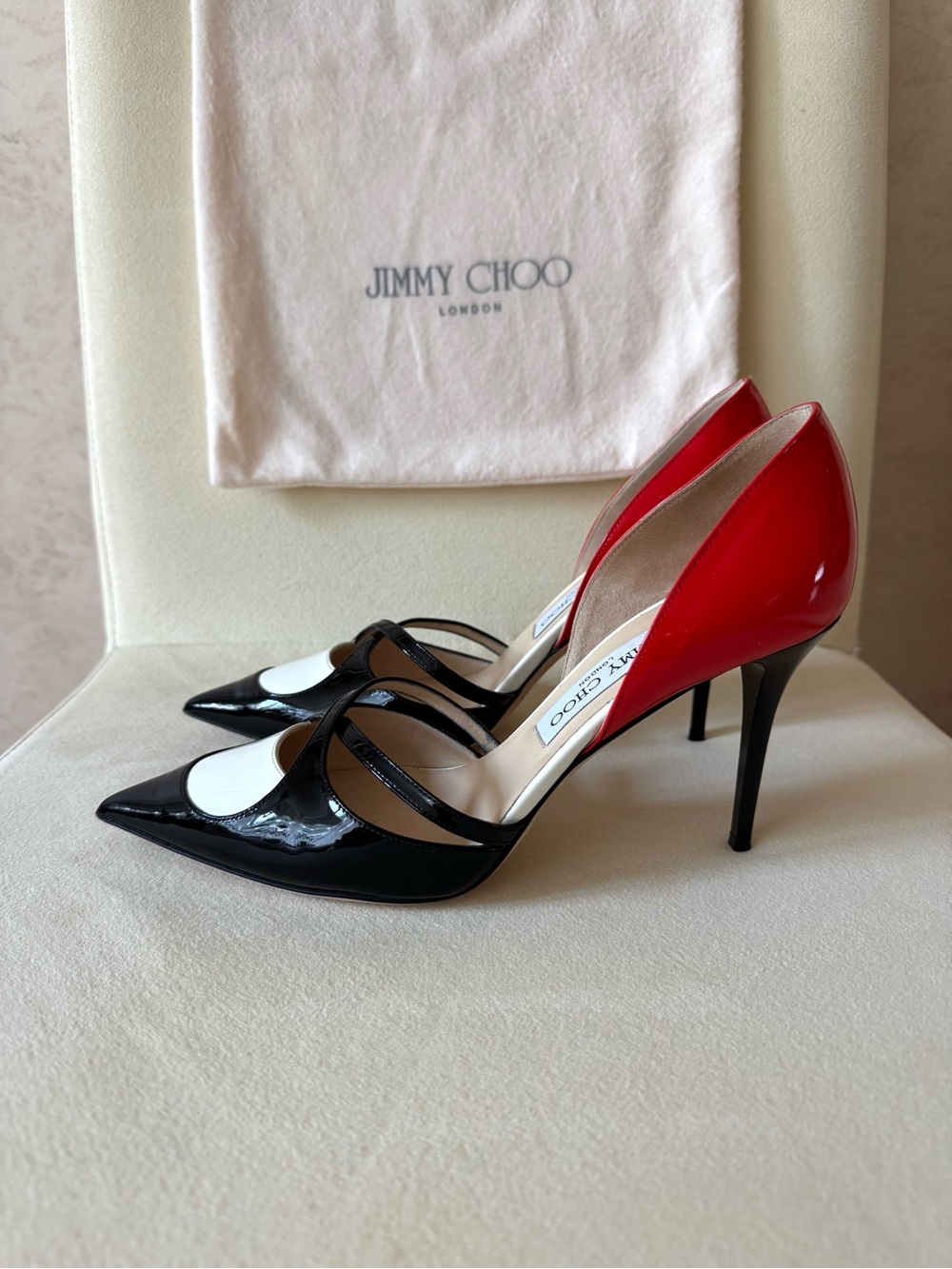 Jimmy Choo Black, White & Red Patent Leather Pointed-Toe Stilettos 8.5/39